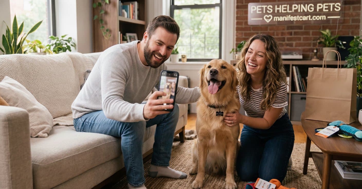 A couple at home photographing their golden retriever under a Pets Helping Pets sign.