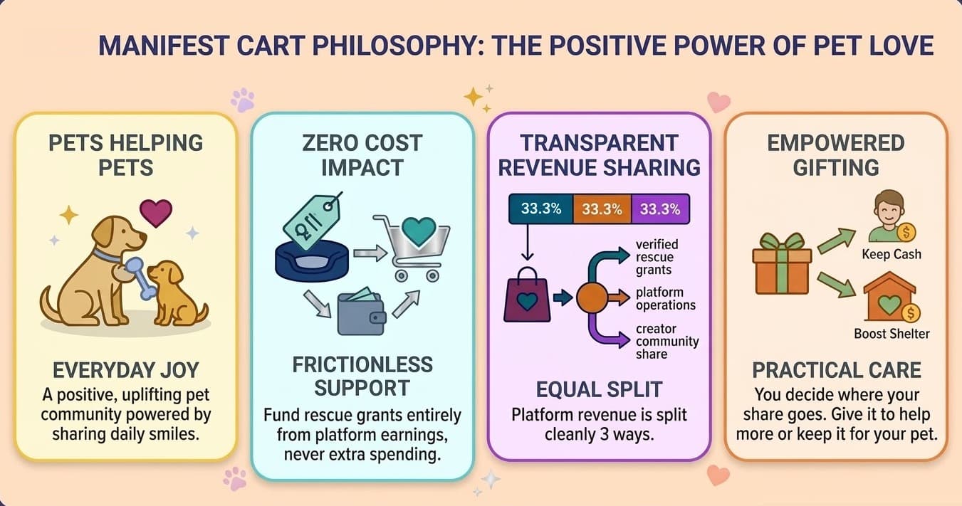 Manifest Cart philosophy: pets helping pets, zero cost impact, transparent revenue sharing split three ways, and empowered gifting.