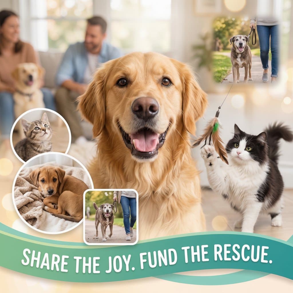 Share the joy. Fund the rescue. A golden retriever, a kitten, a puppy and a cat at play.