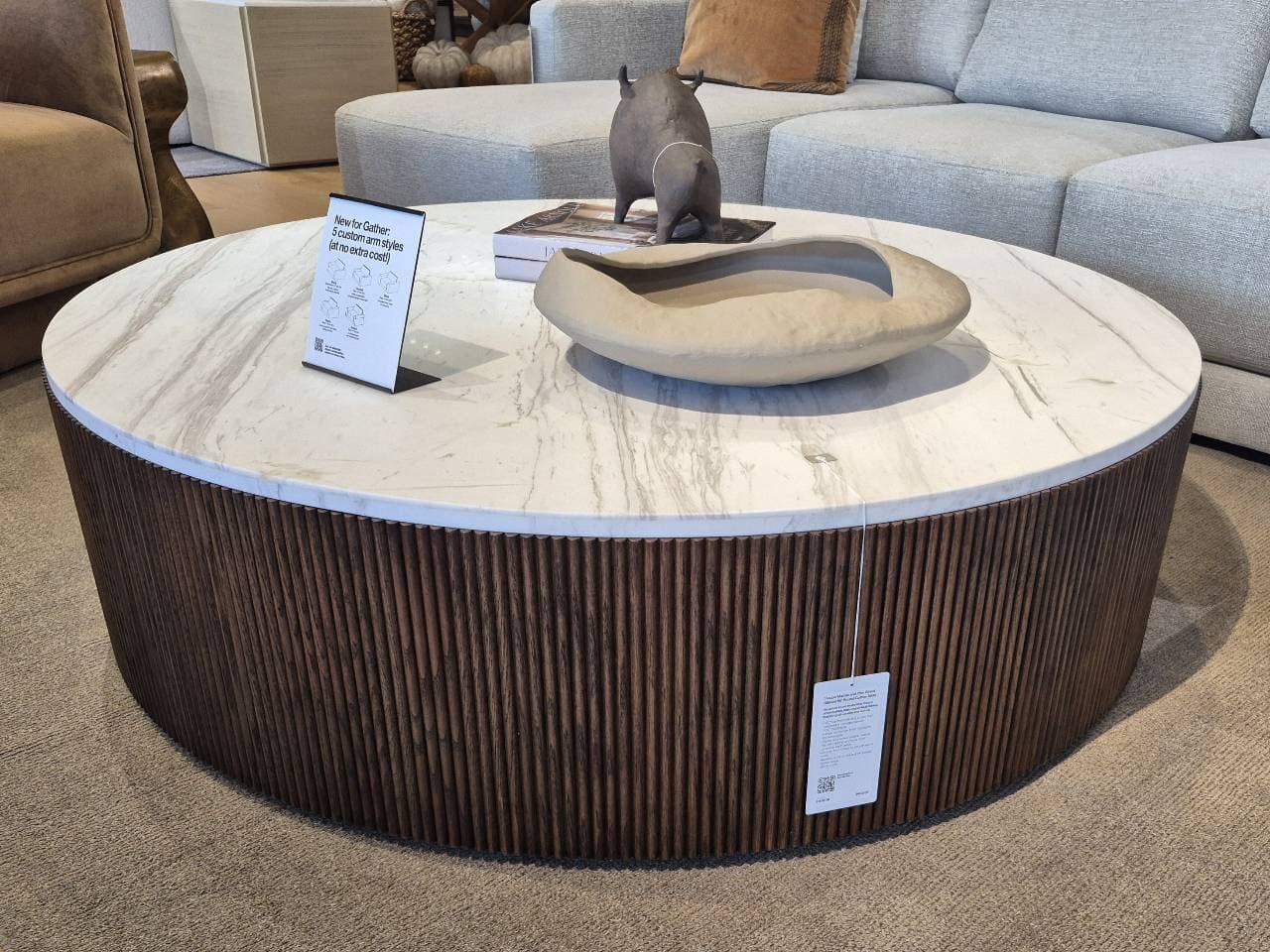 Round Marble Coffee Table fluted wood base marble top