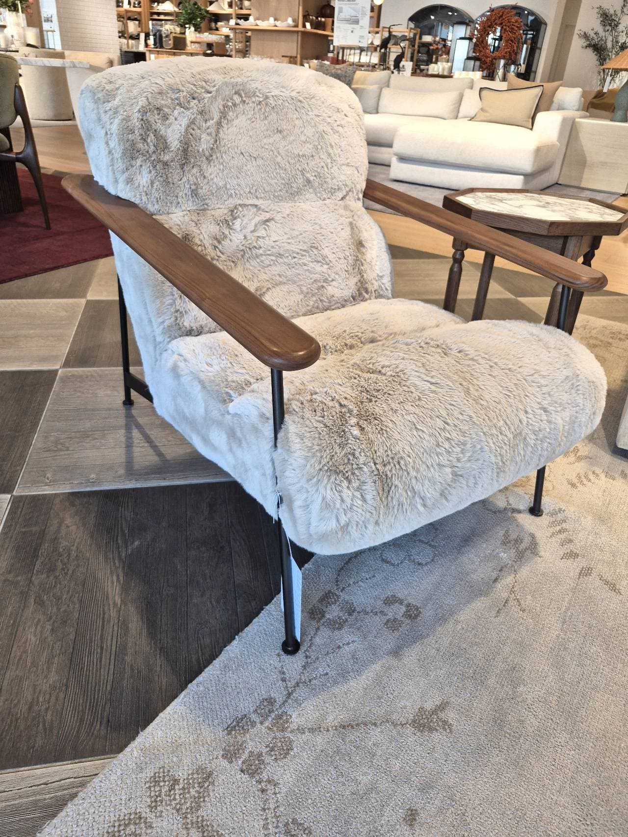 Faux Fur Lounge Chair metal frame wood armrests