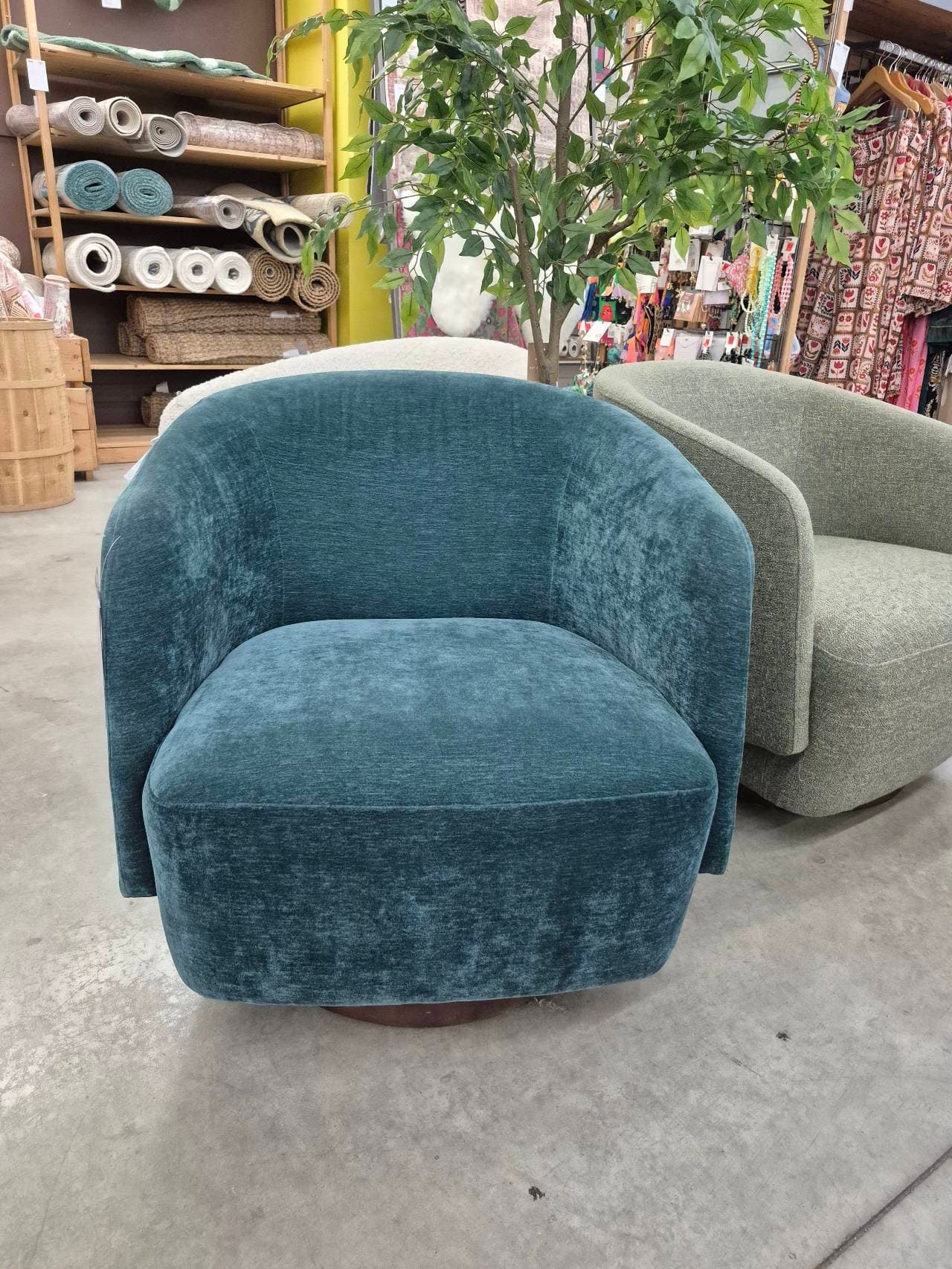 Teal Velvet Swivel Barrel Chair