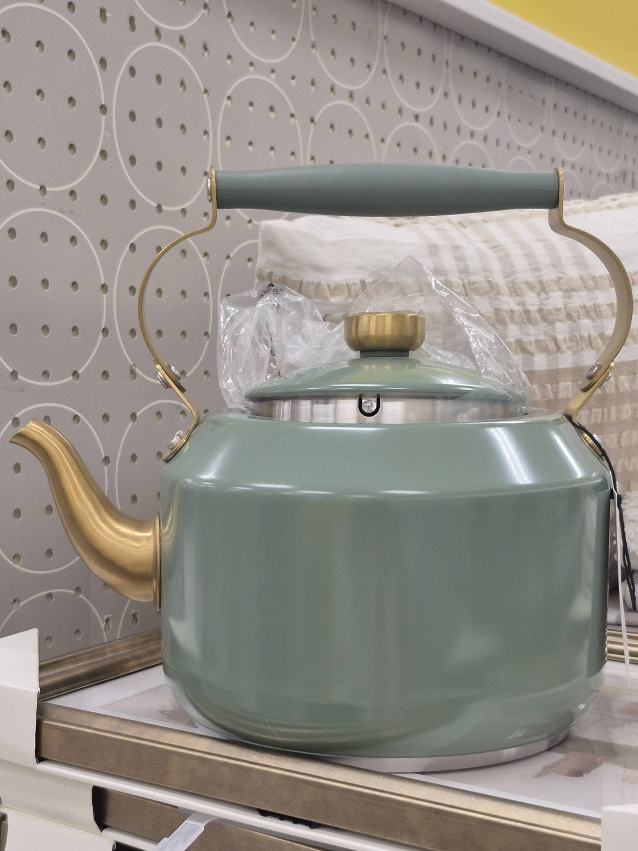 Tea Kettle sage green metal gold accents
